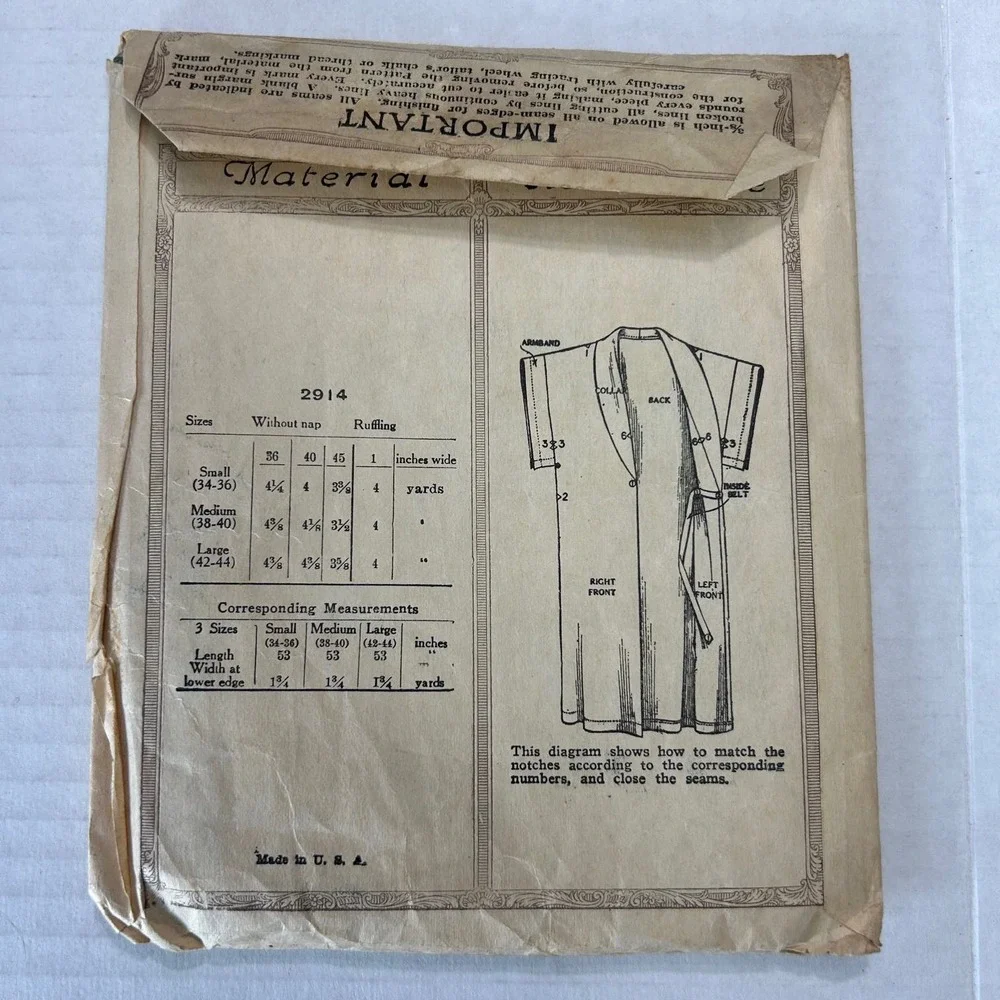 McCall Antique Early 1900's Pattern #2914 Ladies/Misses‎ Negligee Size S